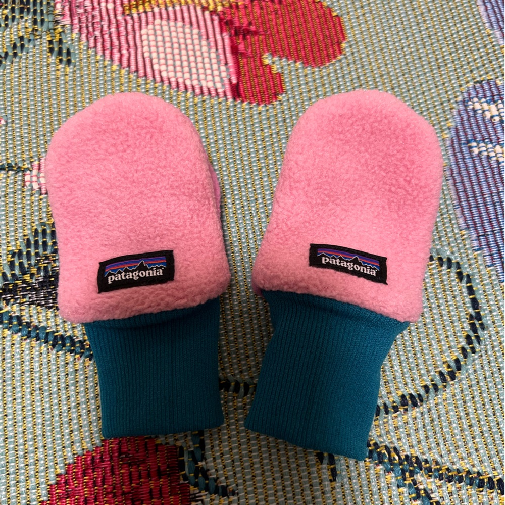 Patagonia Pink Mittens with Blue Cuffs